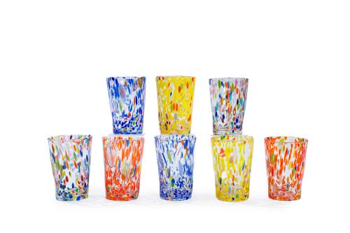111   -  <p><span class="object_title">MURANO-ITALIA<br/>Juego de ocho vasos altos multiculor en vidrio soplado de Murano con la técnica de "millefiori". <br/></span><br></p>