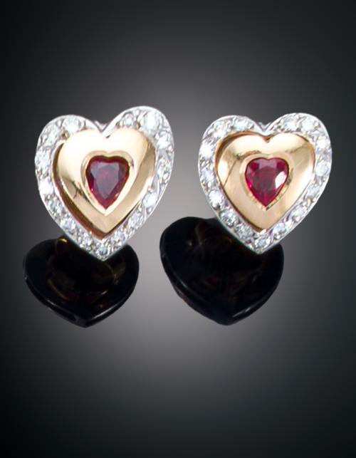 PENDIENTES CORAZÓN DESMONTABLES CON DIAMANTES Y RUBIES BURMA
