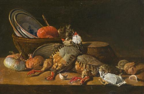 571 - <p><span class="object_author">ESCUELA ESPAÑOLA. Finales del siglo XVIII-principios del siglo XIX - Bodegón dos perdices, cebollas, ajos y vasijas</span></p>