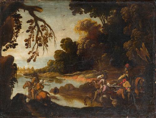 530   -  <p><span class="object_author">ESCUELA ITALIANA. Segunda mitad del siglo XVII - Paisaje con caballeros </span></p>