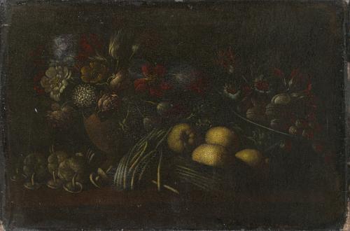 558 - <p><span class="object_author">ESCUELA ESPAÑOLA. Primare miatd del siglo XVIII - Bodegón de flores, frutas y hortalizas</span></p>