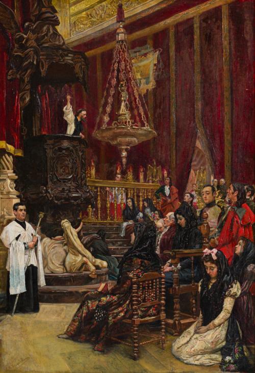 585 - <p><span class="object_author">ESCUELA ESPAÑOLA. Finales del siglo XIX - Sermón durante la liturgia en la Mezquita-catedral de Córdoba</span></p>