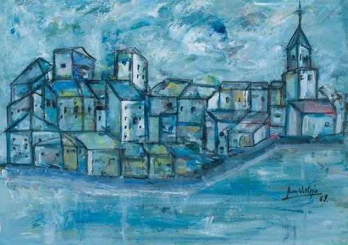 JUAN JOSÉ VALLEJO (Burgos, 1949), Vista de un pueblo, Técni