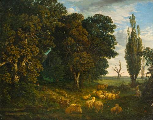 621   -  <p><span class="object_author">ESCUELA FLAMENCA. Finales del siglo XVIII- principios del siglo XIX - Paisaje con pastor y rebaño de ovejas</span></p>