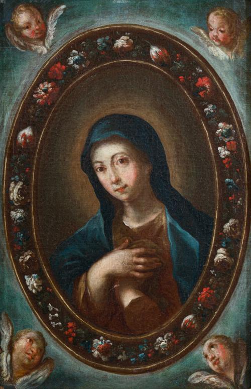 611   -  <p><span class="object_author">FRANCISCO JOSÉ DE GOYA Y LUCIENTES (Fuendetodos,1746​-Burdeos,1828). Alrededor de 1762-64 - La Vigen María en un marco oval decorado con flores</span></p>