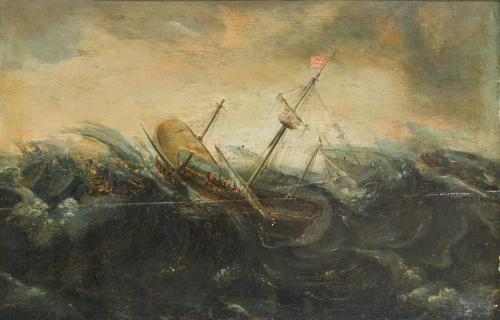 ESCUELA HOLANDESA. Siglo XVIII, Escena naval en una tempest