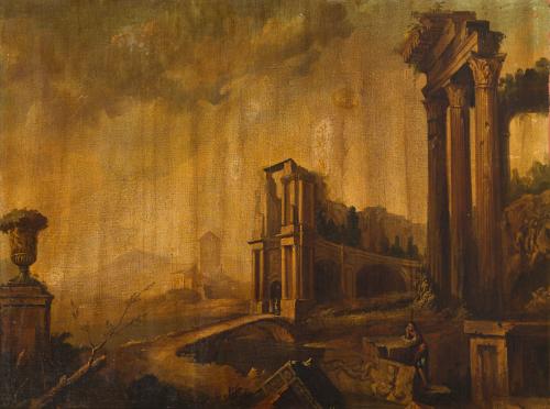 672   -  <p><span class="object_author">ESCUELA ITALIANA. Principios del siglo XIX - Paisaje con ruinas </span></p>