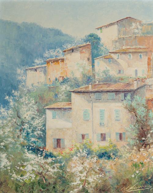 ESCUELA ESPAÑOLA. Siglo XX, Vista de pueblo , Óleo sobre li