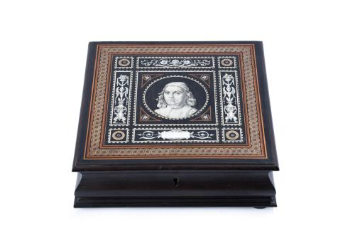 Caja joyero italiana en madera ebonizada con marquetería de