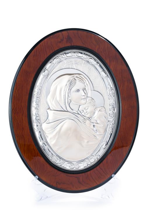 Virgen con niño en plata de ley 925 con marcas.Firmado: "