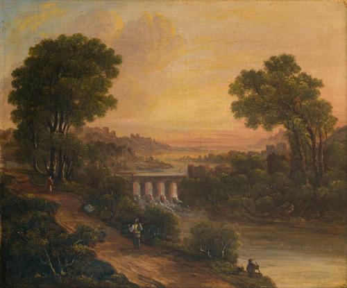 ESCUELA INGLESA DEL SIGLO XX, Paisaje con un puente, Óleo s
