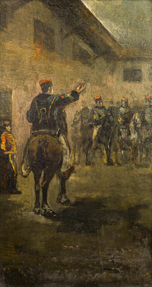 ESCUELA ESPAÑOLA. Siglo XX, Soldados, Óleo sobre tabla