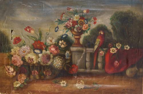 424   -  <p><span class="object_author">ESCUELA ESPAÑOLA  S. XX - Bodegón de flores con loro en un jardín </span></p>