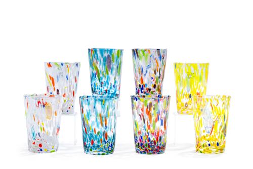 180   -  <p><span class="object_title">MURANO-ITALIA.<br/>Juego de ocho vasos altos multiculor en vidrio soplado de Murano con la técnica de "millefiori".</span><br></p>