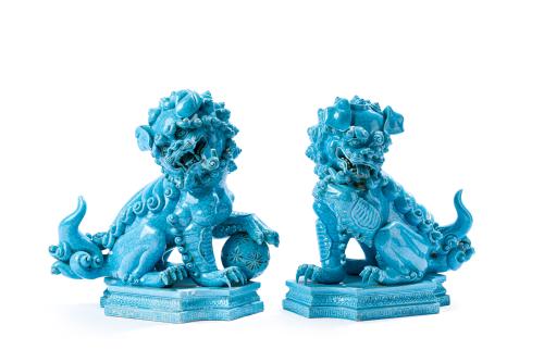 Pareja de leones de Foo en porcelana esmaltada color turque