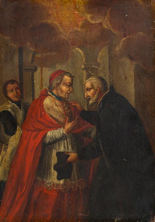 593   -  <p><span class="object_author">ESCUELA ITALIANA. Primera mitad del siglo XVIII - Abrazo entre San Felipe Neri y San Carlo Borromeo</span></p>
