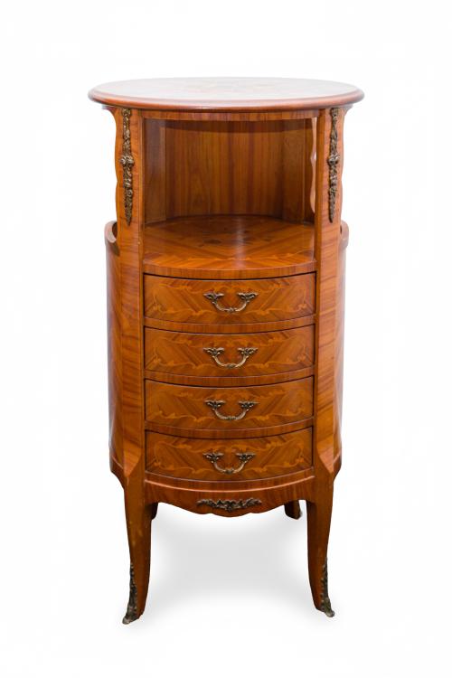 Mesita auxiliar ovalada en madera con marquetería de motivo