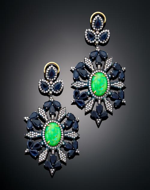 PENDIENTES CON ZAFIROS, DIAMANTES Y TURQUESA EN PLATA