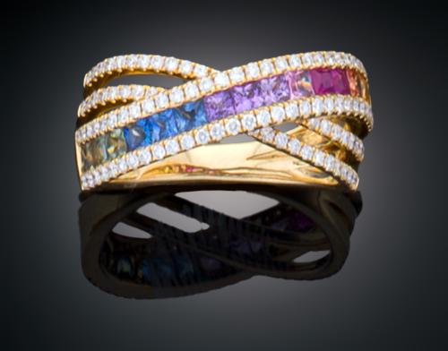 SORTIJA DE BANDAS CRUZADAS CON DIAMANTES Y ZAFIROS DE COLOR