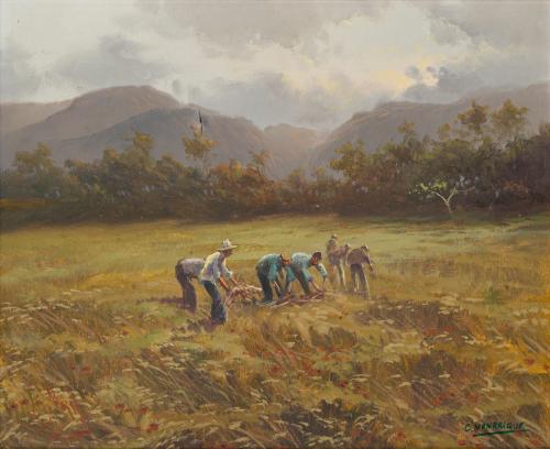 ESCUELA ESPAÑOLA DEL SIGLO XX, Paisaje y segadores, Óleo so