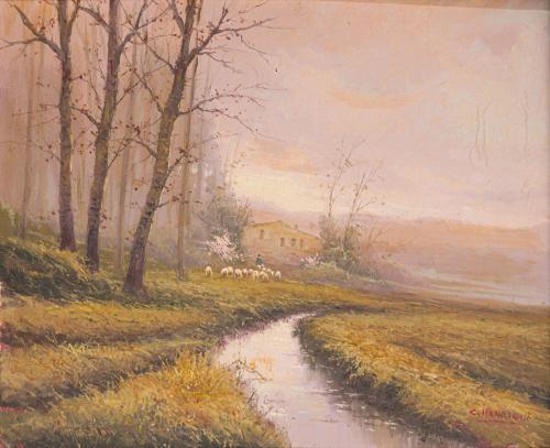 ESCUELA ESPAÑOLA DEL SIGLO XX, Paisaje y segadores, Óleo so