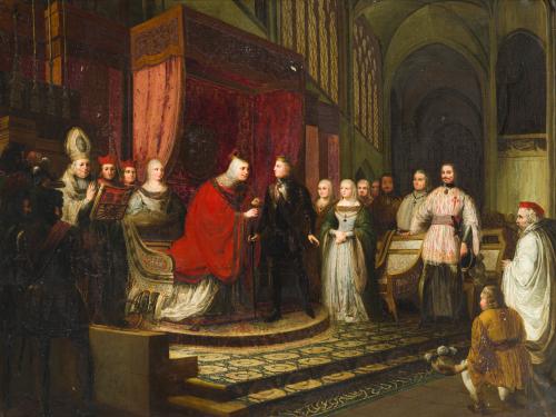 644   -  <p><span class="object_author">ESCUELA ESPAÑOLA. Siglo XIX - Alfonso de Castilla ante su madre la reina Isabel de Portugal una vez coronado rey tras la Farsa de Ávila</span></p>