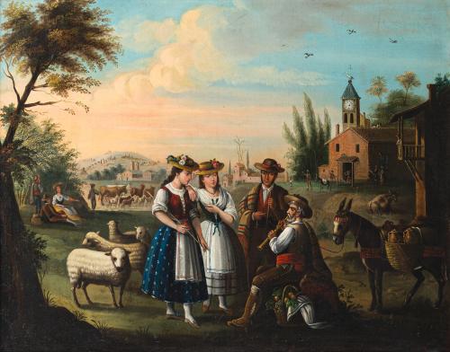 628   -  <p><span class="object_author">ESCUELA SEVILLANA. Siglo XIX - Pareja de paisajes de campesinos en el prado con el ganado</span></p>