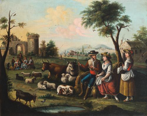 ESCUELA SEVILLANA. Siglo XIX, Pareja de paisajes de campesi