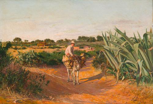 661   -  <p><span class="object_author"> NICOLAS SORO Y ÁLVAREZ (Zaragoza,1875-Jerez de la Frontera, 1944). Segunda mitad del siglo XIX - Hombre llevando cántaros en burro</span></p>