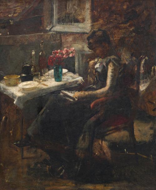 722   -  <p><span class="object_author">ESCUELA FRANCESA DEL SIGLO XX - Dama sentada con libro.</span></p>