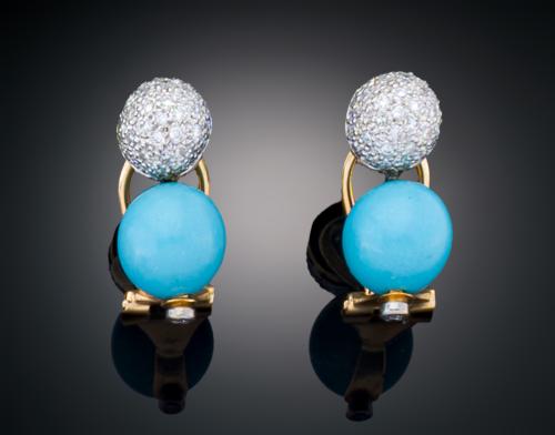 PENDIENTES CON TURQUESA Y DIAMANTES EN ORO AMARILLO Y ORO B