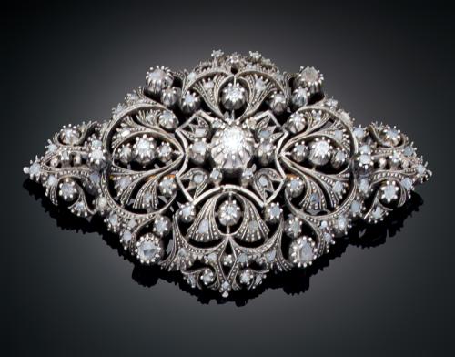 BROCHE ANTIGUO CON DIAMANTES EN PLATA Y ORO AMARILLO DE 18 