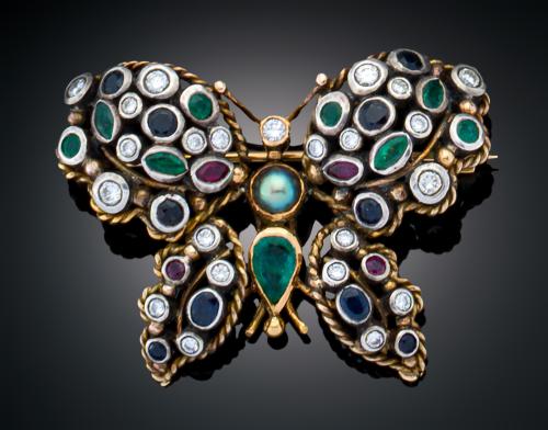 BROCHE MARIPOSA EN ORO AMARILLO DE 18 K  Y PLATA