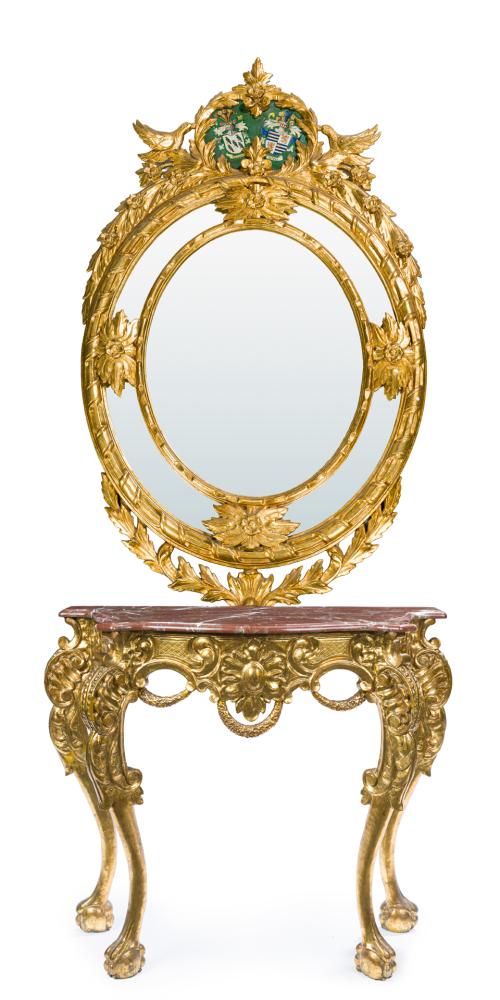 338   -  <p><span class="object_title">Lote formado por consola estilo Luis XV y espejo historicista, Francia finales s. XIX <br/>Consola en madera tallada y dorado, faldón con tornapuntas vegetales, rosetón central y guirnaldas. Patas cabriolé con rocallas y motivos vegetales que terminan en pie de carnero. Sobre de mármol .<br/>Espejo en madera tallada y escayola con decoración de motivos vegetales.</span><br></p>