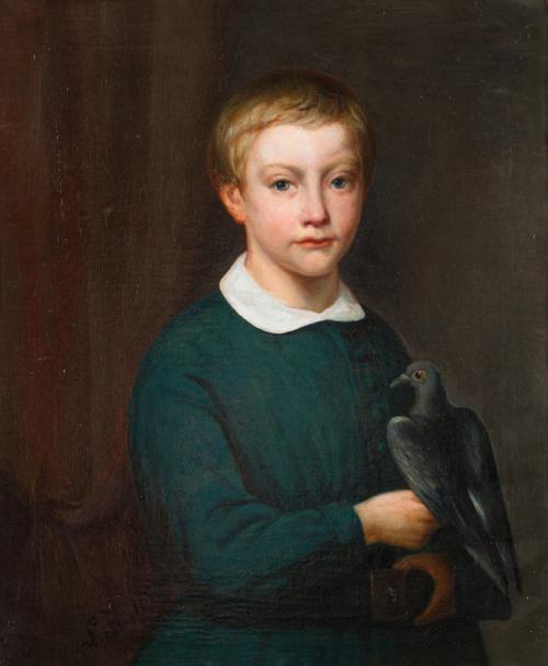 ESCUELA INGLESA. 1852, Retrato de niño con  paloma, Óleo so