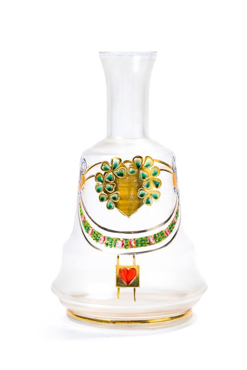 Botella en vidrio en forma de campana con decoración esmalt