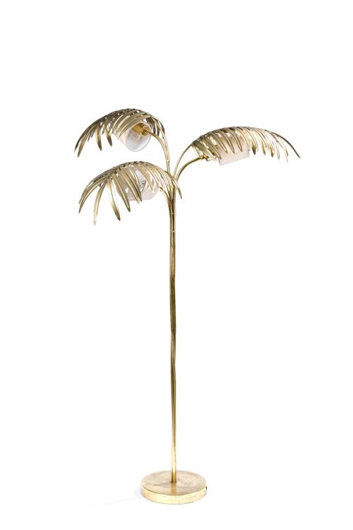 Lámpara de pie con forma de palmera en dorado.