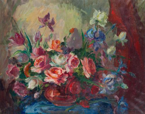 ESCUELA ESPAÑOLA. Siglo XX, Jarrón con flores, Óleo sobre l