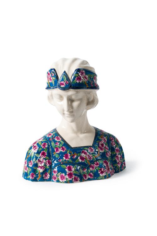 Busto de joven dama estilo art decó en cerámica esmaltada d