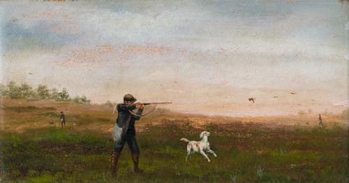 ESCUELA ESPAÑOLA DEL SIGLO XX, Escena de caza, Óleo sobre t