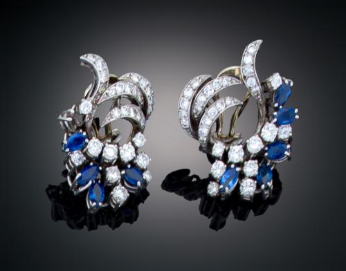 PENDIENTES DISEÑO VEGETAL CON ZAFIROS Y DIAMANTES EN ORO BL