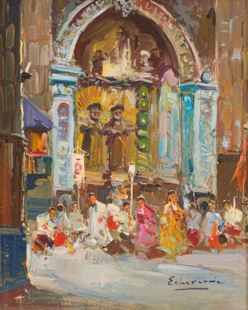 626   -  <p><span class="object_author">FEDERICO ECHEVARRIA URIBE (1911-2004, Bilbao). Siglo XX - Pareja de lienzos con Procesión en el interior de un templo</span></p>