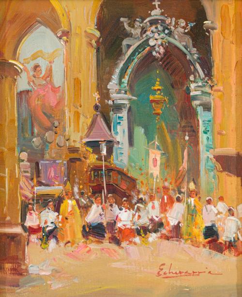 629   -  <p><span class="object_author">FEDERICO DE ECHEVARRIA URIBE (1911-2004, Bilbao). Siglo XX - Pareja de lienzos con Procesión en el interior de un templo</span></p>