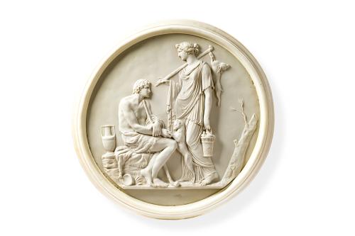 Juego de cuatro tondos en biscuit con escenas grecolatinas 