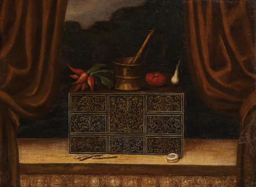 294   -  <p><span class="object_author">ESCUELA VALENCIANA DEL SIGLO XVIII. CÍRCULO  DE TOMÁS YEPES (Valencia, 1595 - 1674) - Bodegón con papelera y almirez </span></p>