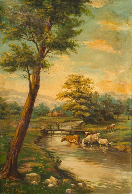 ESCUELA INGLESA. 1895, Vacas bebiendo en un río, Óleo sobre