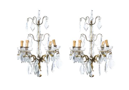 Pareja de apliques de 4 luces en bronce y cristal tallado c