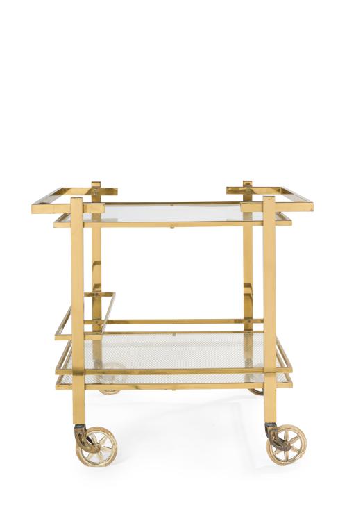 Carrito en metal dorado y cristal, años 80. 