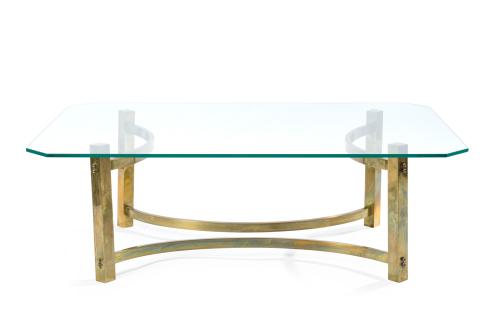 Mesa de centro años 80 en metal dorado y sobre en cristal c