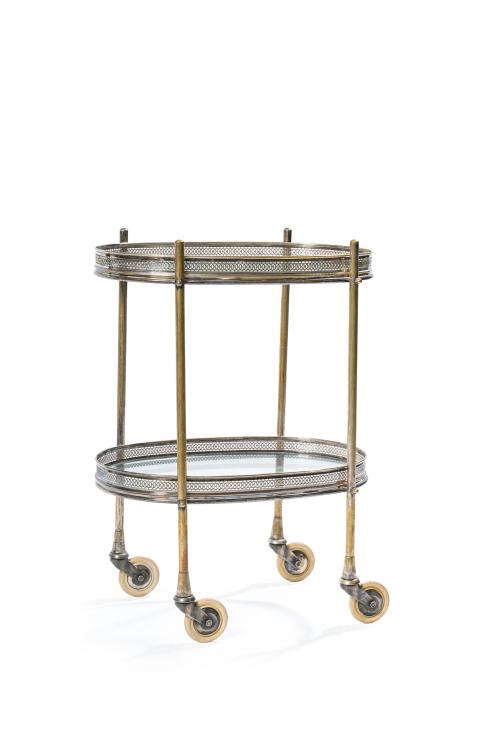 Carrito camarera ovalado en metal de dos alturas con galerí